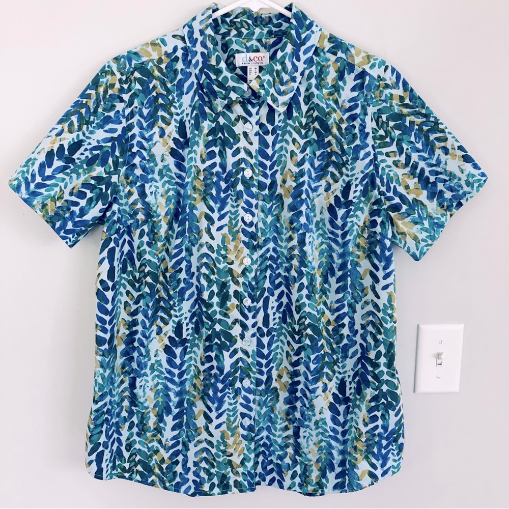 Denim & Co. Printed Button Front Shirt in Blue Leaf Multi, Size M - Picture 4 of 15